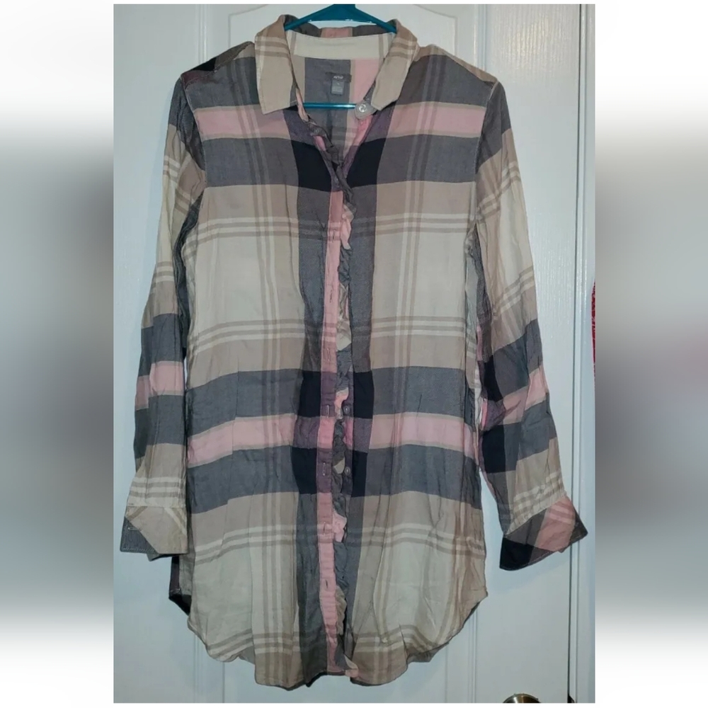 Aerie Pink And Navy Longsleeve Plaid Nightgown Size Medium